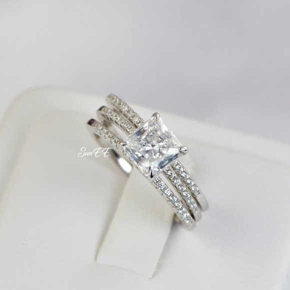 14k WHITE GOLD 925 STERLING SILVER PRINCESS CUT WEDDING BAND ENGAGEMENT RING - Picture 3 of 9